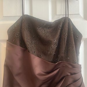 Evening Gown with removable straps and beading on bodice and down left side.